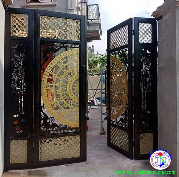 Thiết kế cửa cổng sắt nghệ thuật 4 cánh họa tiết trống đồng