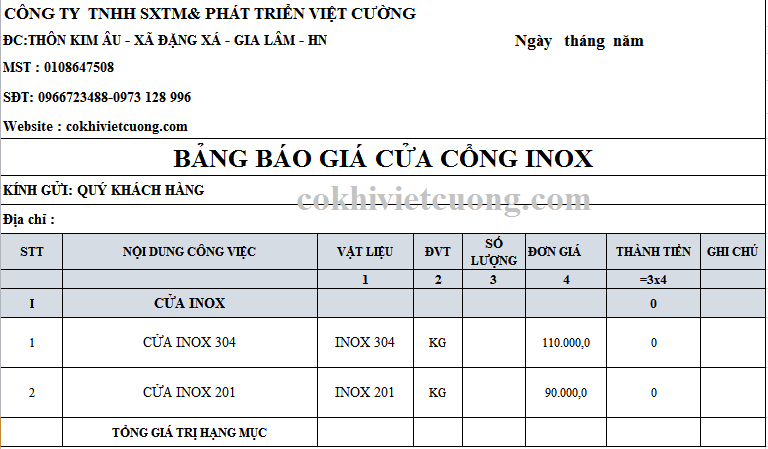 Báo giá cửa cổng inox - Giá gốc tại xưởng sản xuất - Cơ Khí Việt Cường