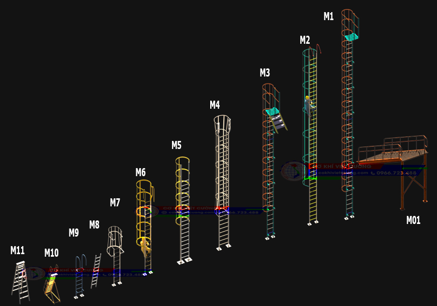 Thiết kế  các mẫu thang sắt di động -  thang leo thăm sàn, mái