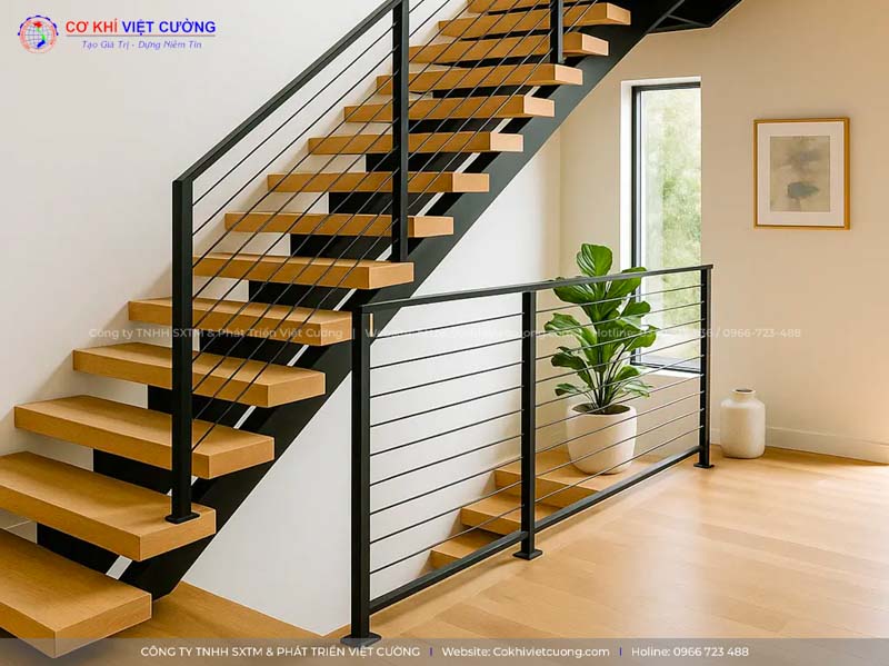 Cầu thang sắt kết hợp gỗ cho nhà ống